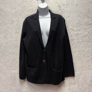Lands' End Fine Knit Sweater Cardigan Women Small 6-8 Black Cotton Notch Lapel